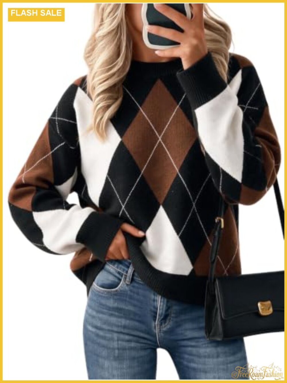 Argyle Plaid Color Block Knit Pullover Sweater Crew Neck Long Sleeve